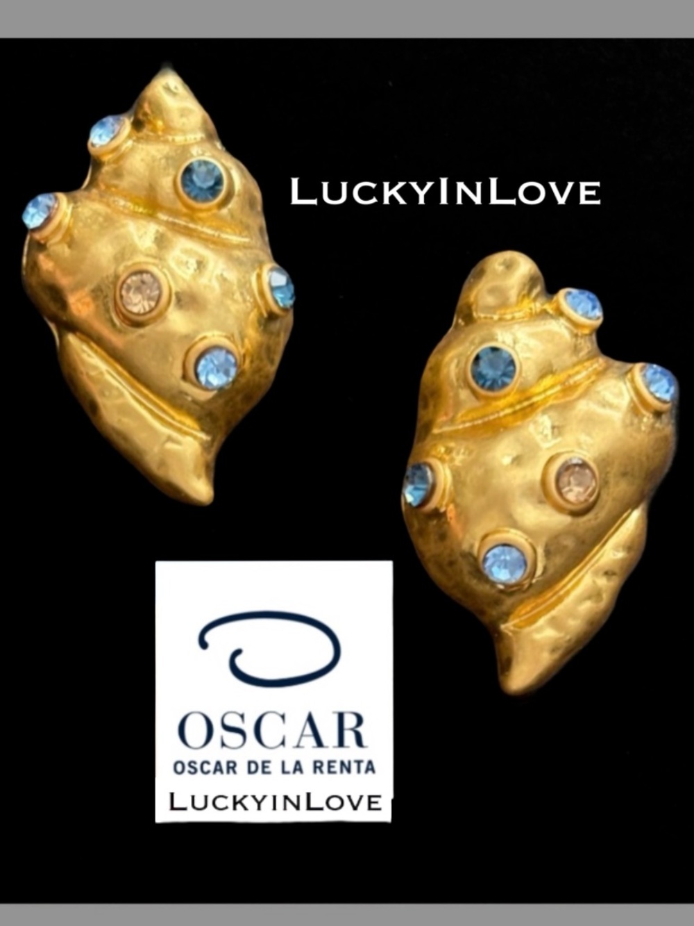 OSCAR DE LA RENTA • Seashell Shell Crystal  Drop earrings in Gold Sapphire Blues